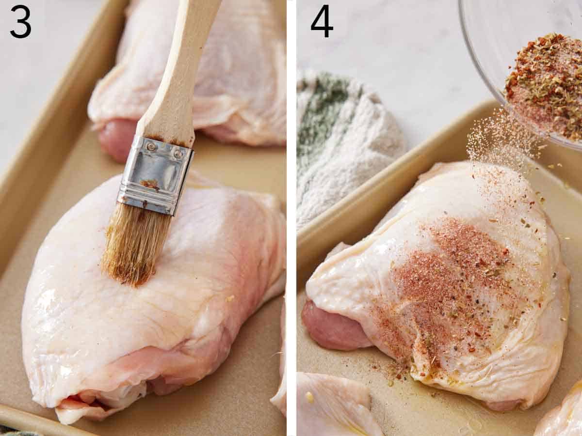 Set of two photos showing oil brushed onto chicken thighs then seasoned.
