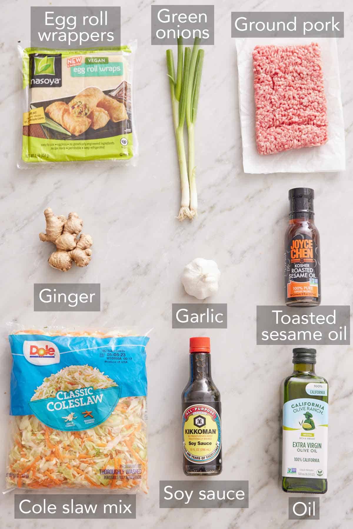 Ingredients needed to make air fryer egg rolls.