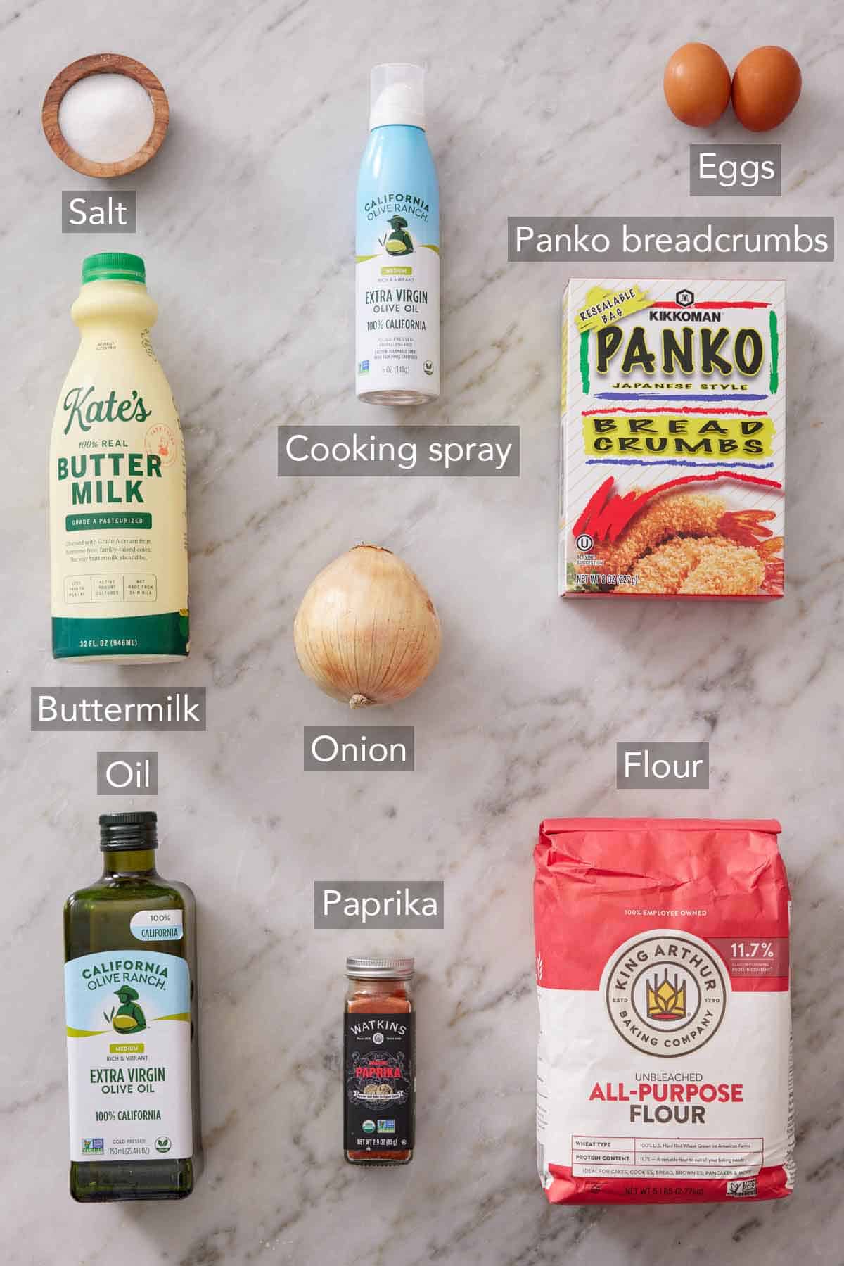Ingredients needed to make air fryer onion rings.