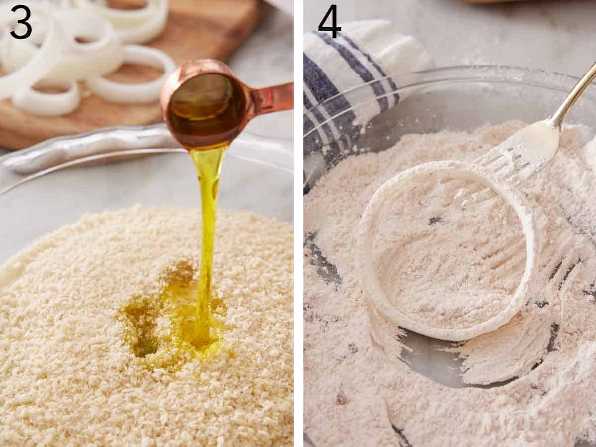 Set of two photos showing oil added to breadcrumbs and a piece of onion coated in the flour mixture.