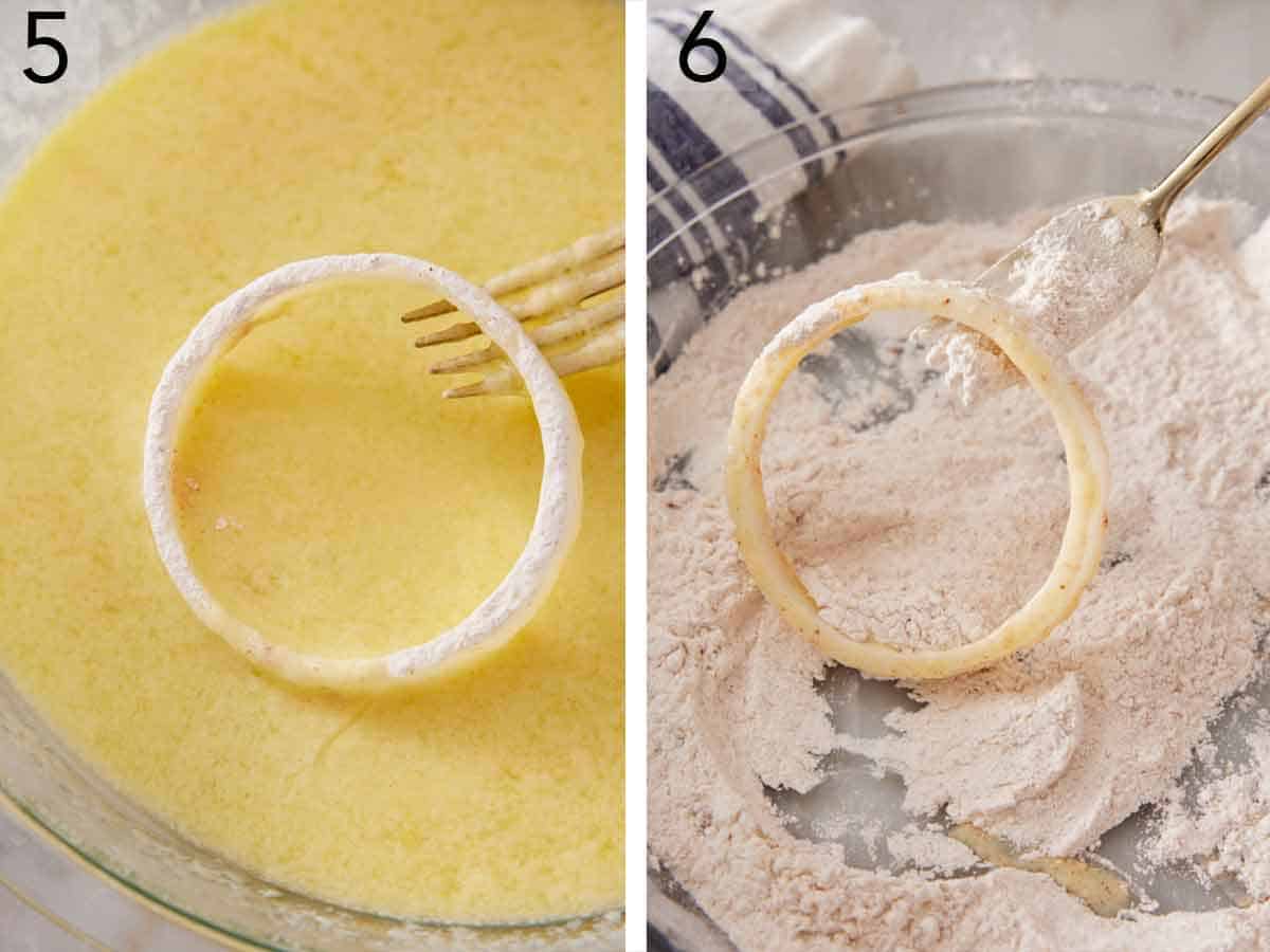 Set of two photos showing the flour coated onion added to the egg mixture then coated in the flour mixture again.