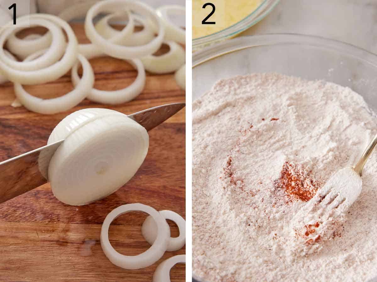 Set of two photos showing an onion sliced into rings and flour mixed with paprika.