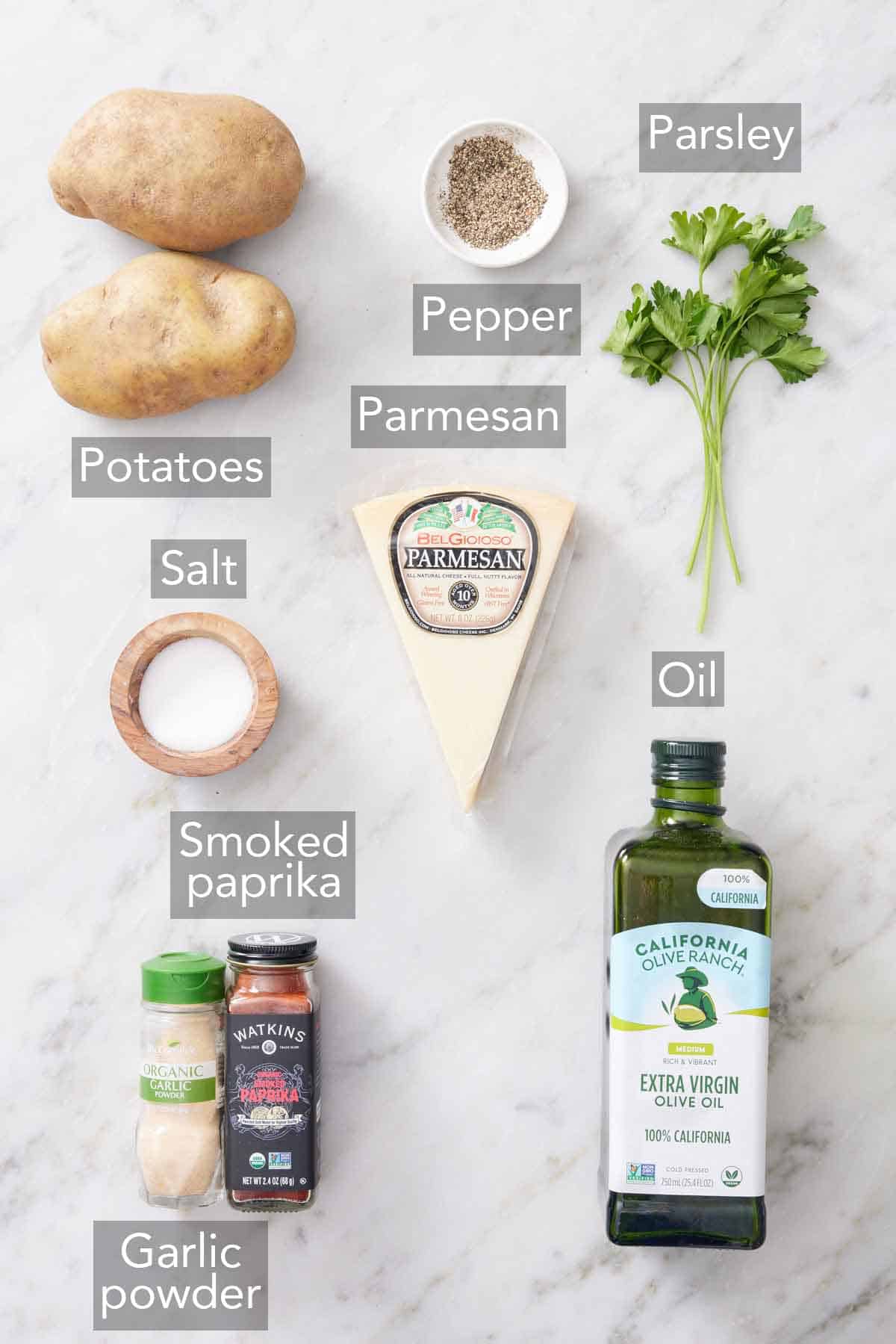 Ingredients needed to make air fryer potato wedges.