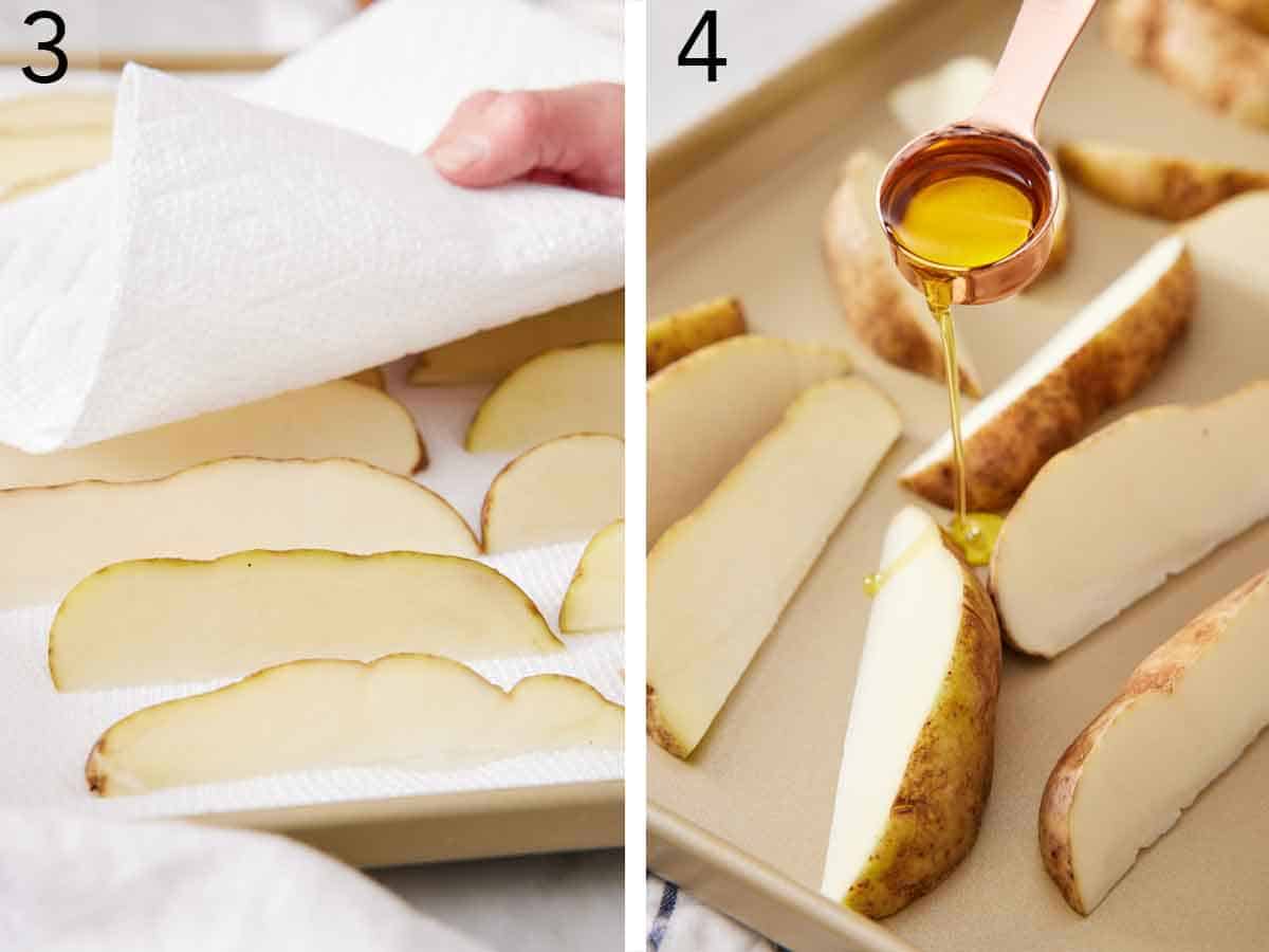 Set of two photos showing potatoes pat dry with a paper towel then drizzled with oil.