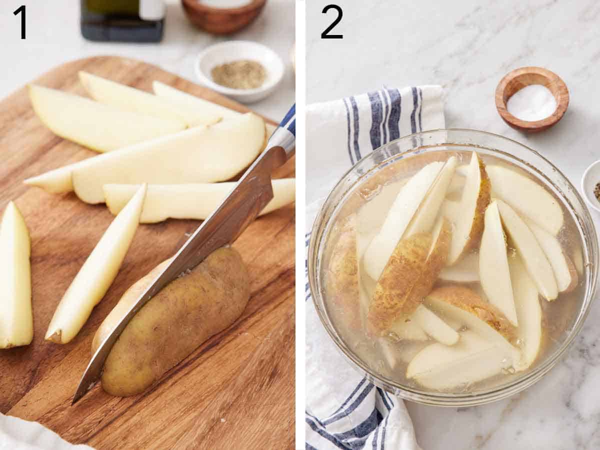 Set of two photos showing a potato cut and wedges soaked in a bowl of water.