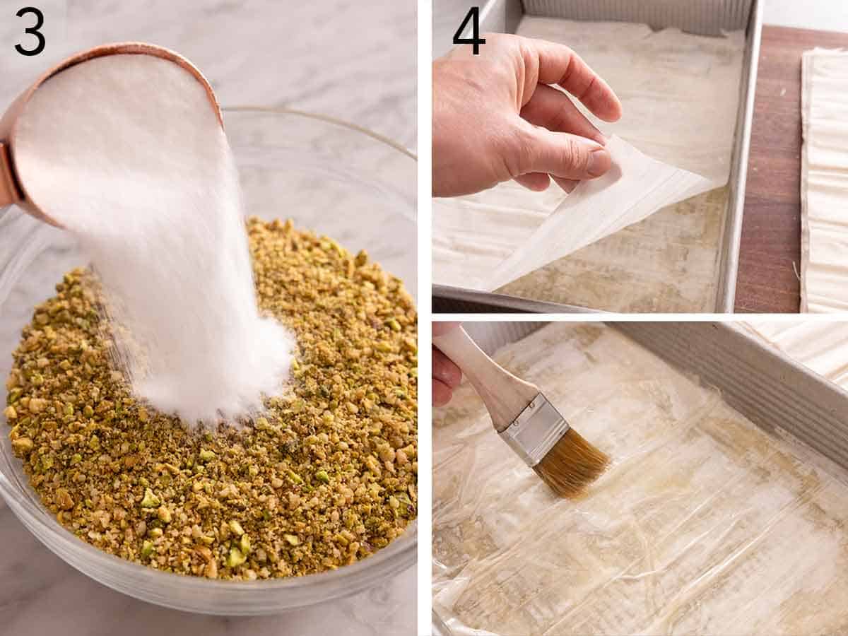 Set of two photos showing sugar added to nuts and phyllo sheets added to a pan and brushed with butter.