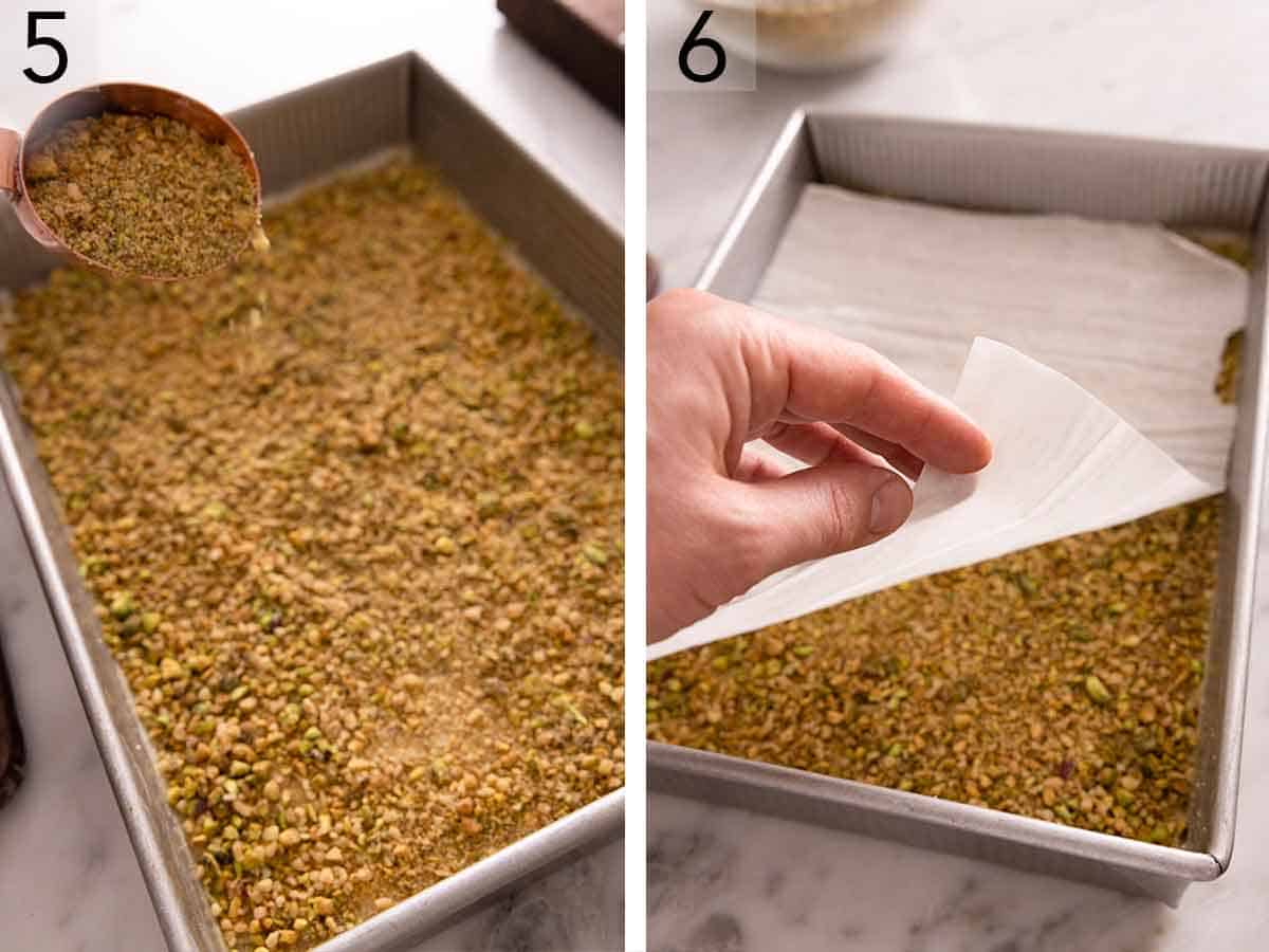 Set of two photos showing nuts poured into the pan and topped with phyllo.