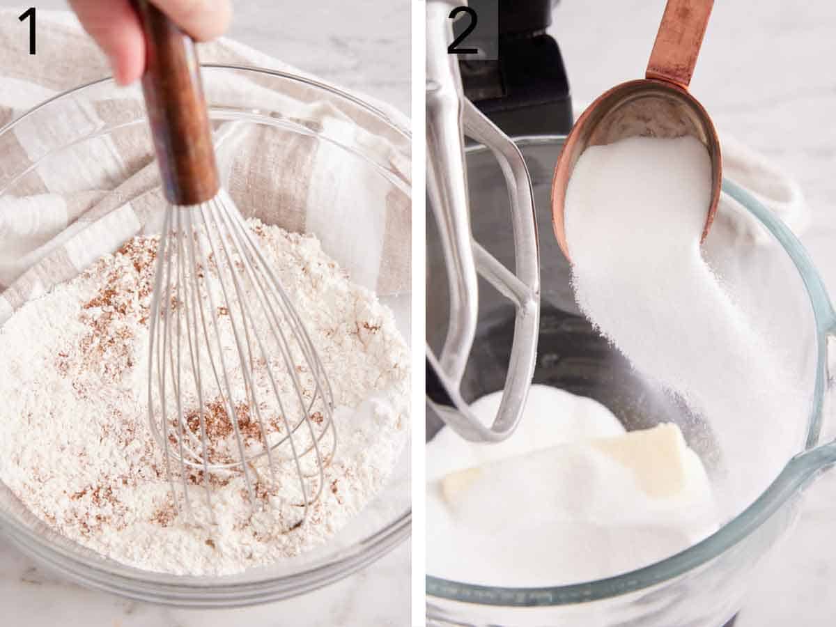 Set of two photos showing dry ingredients whisked and sugar added to butter in a mixer.
