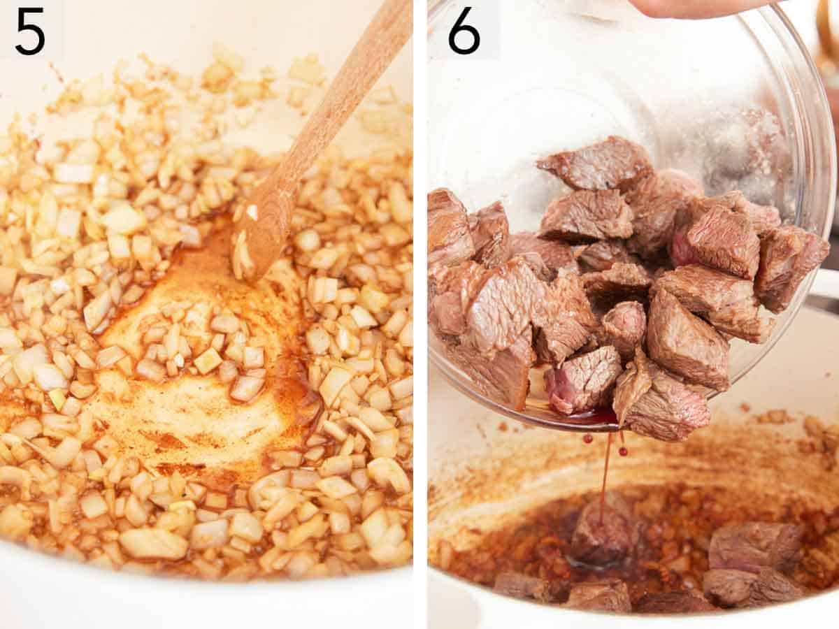 Set of two photos showing onions cooked and beef added back to the pot.