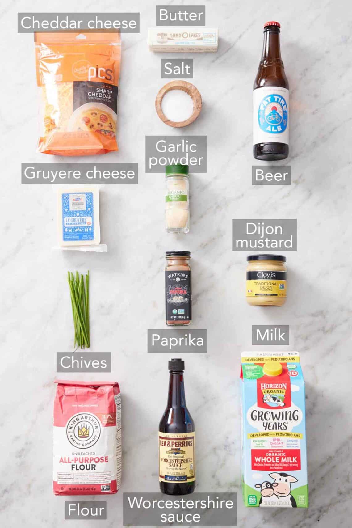 Ingredients needed to make beer cheese dip.