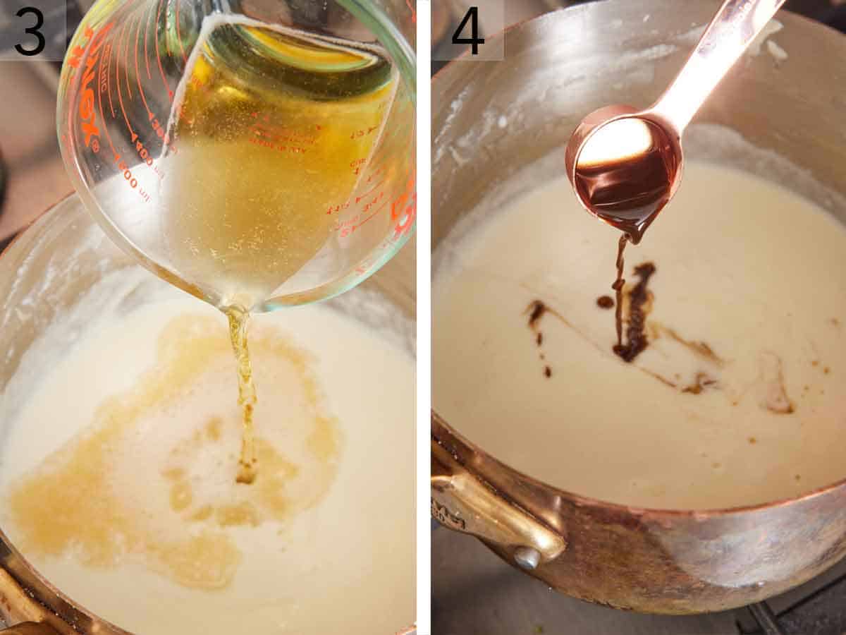 Set of two photos showing beer and Worcestershire sauce added to the pot.