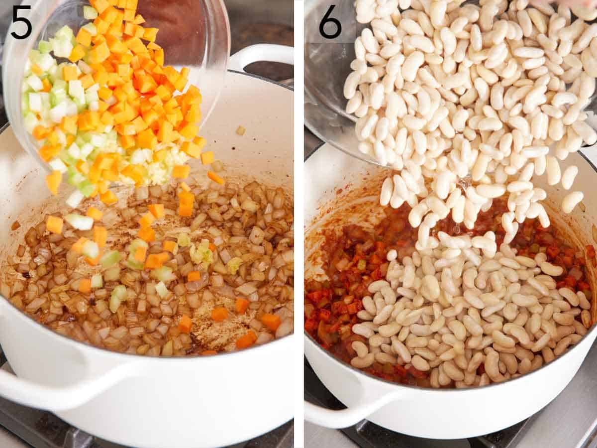 Set of two photos showing celery, carrots, and beans added to the pot.