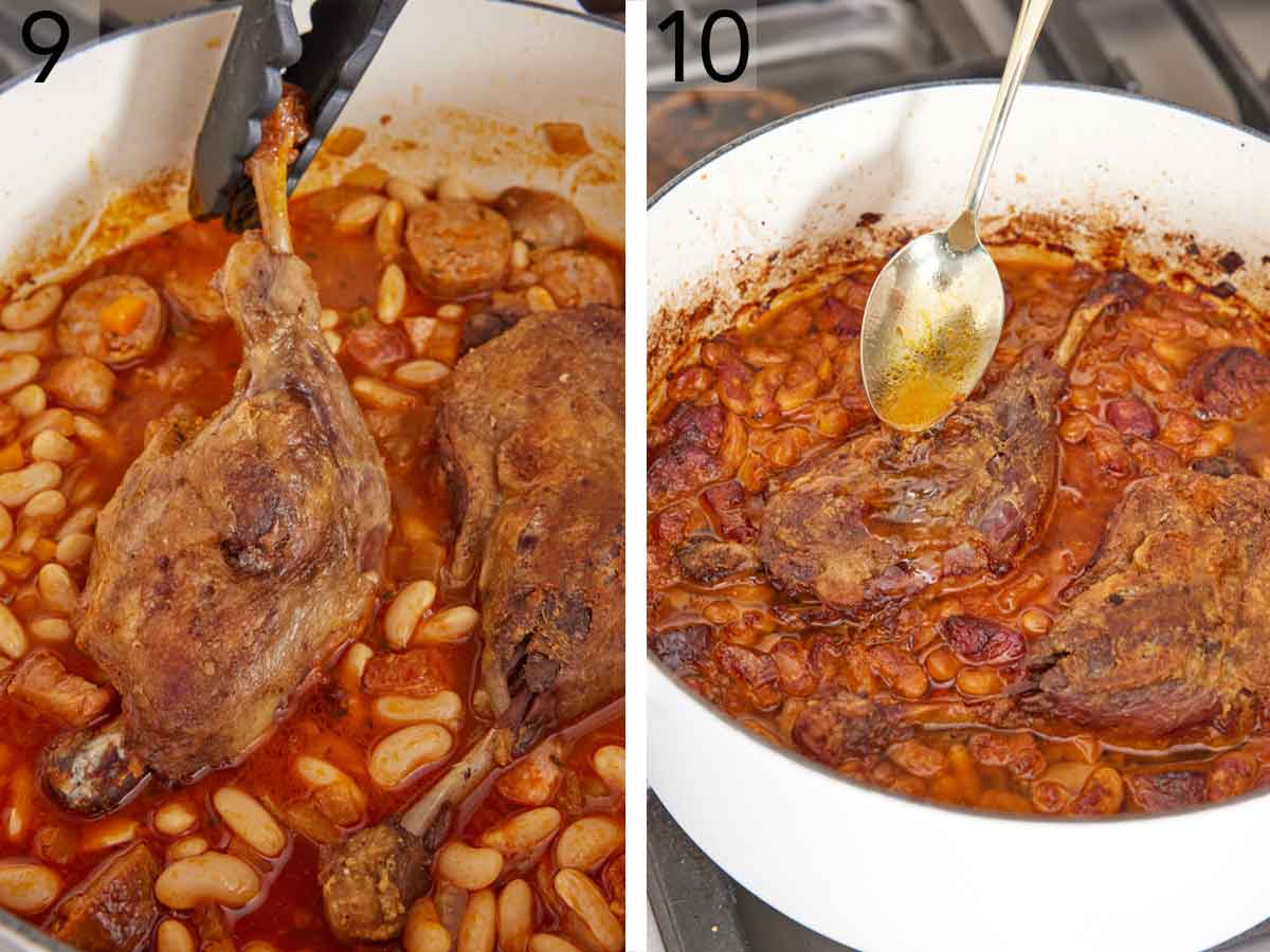 Set of two photos showing browned duck legs added back to the pot and sauce spooned on top.