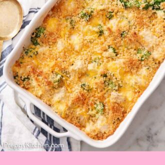 Pinterest graphic of an overhead view of a white baking dish of chicken divan.