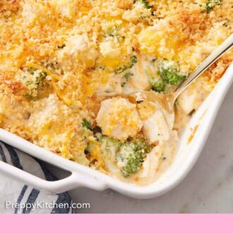 Pinterest graphic of a spoon scooping out some chicken divan from a baking dish.