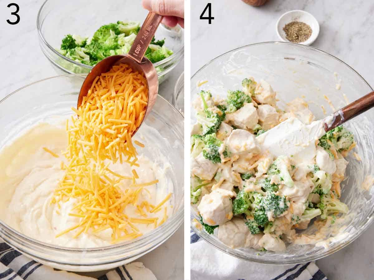 Set of two photos showing shredded cheese added to the wet ingredients then mixed with chicken and broccoli.