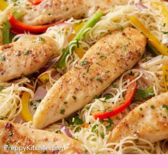 Pinterest graphic of a close up view of chicken scampi in a skillet.