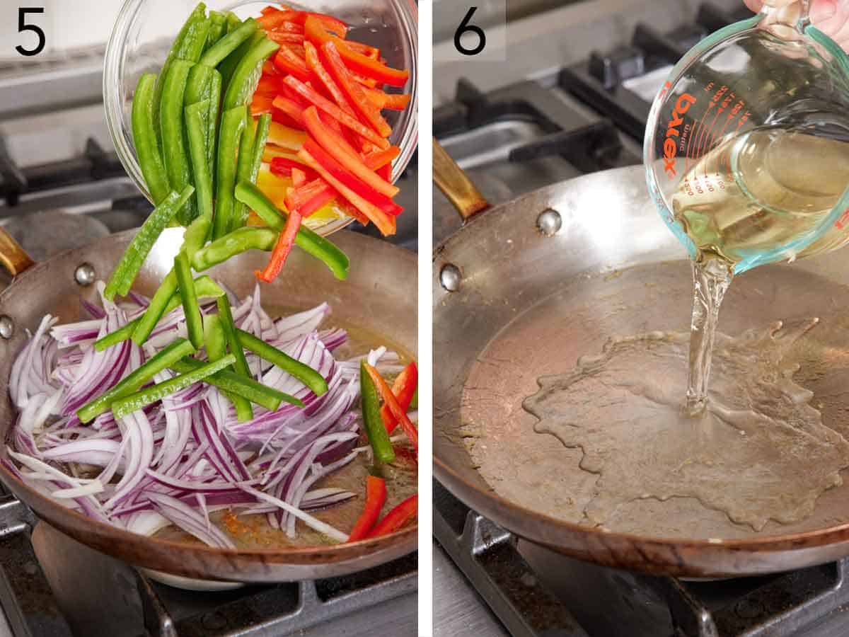 Set of two photos showing bell peppers and red onions added to a skillet and wine poured into an empty skillet.