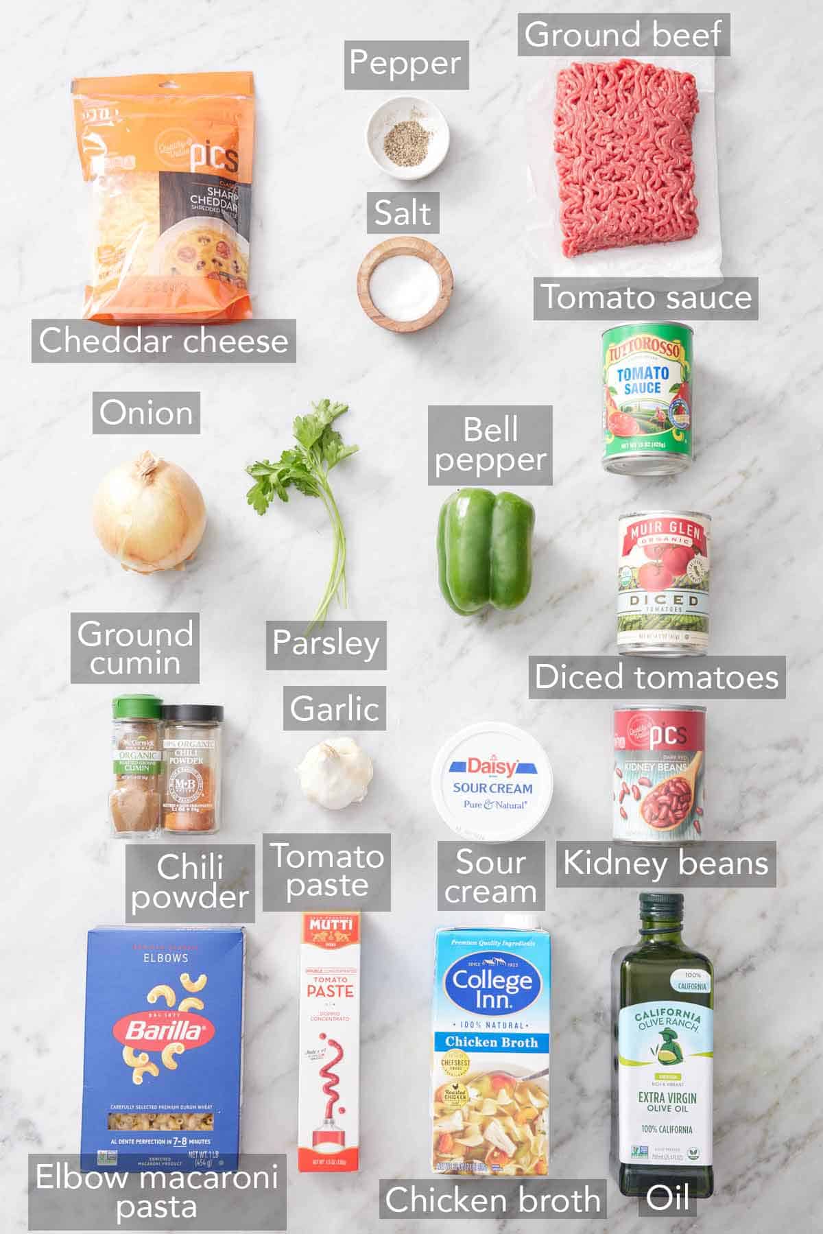 Ingredients needed to make chili mac.