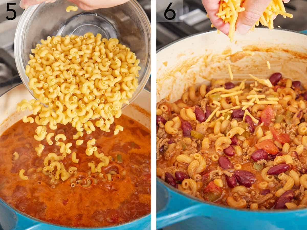 Set of two photos showing elbow macaroni and cheese added to the pot.