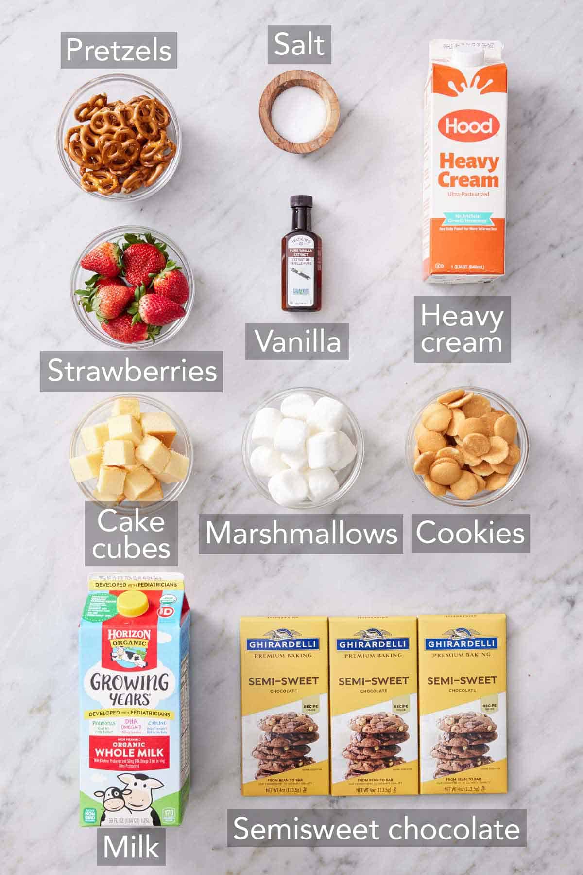 Ingredients needed for chocolate fondue.