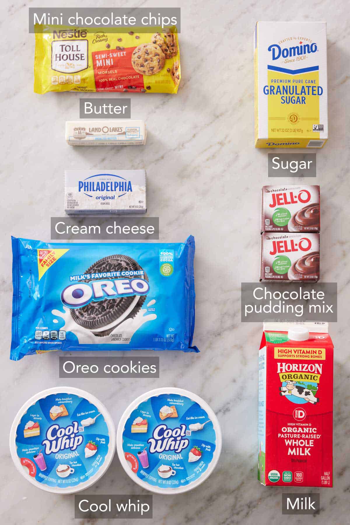 Ingredients needed to make a chocolate lasagna.