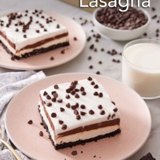 Pinterest graphic of two plates with sliced chocolate lasagna with a glass of milk, bowl of mini chocolate chips, and a pan of more chocolate lasagna in the background.