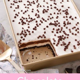 Pinterest graphic of a pan of chocolate lasagna with a slice taken out. A bowl of chocolate chips in the background.