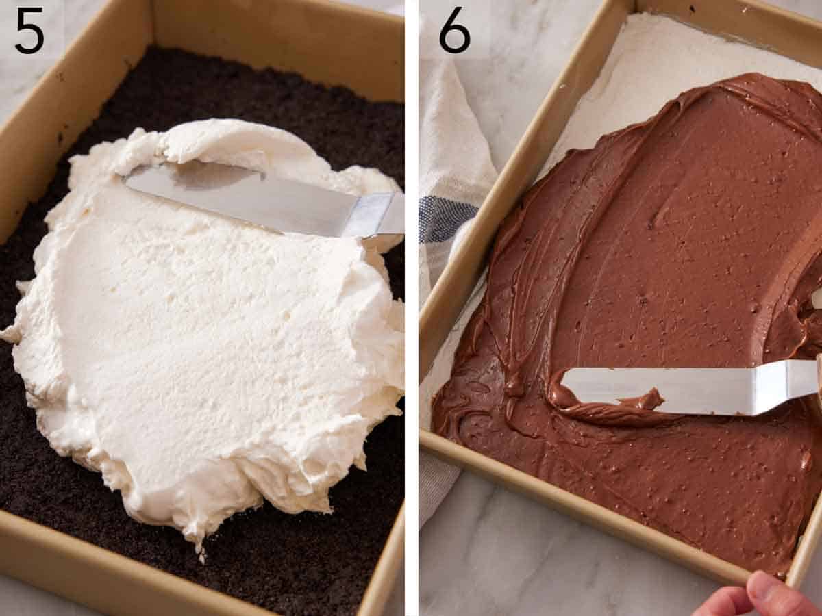 Set of two photos showing cream cheese mixture spread over the crust and chocolate layer spread on top.