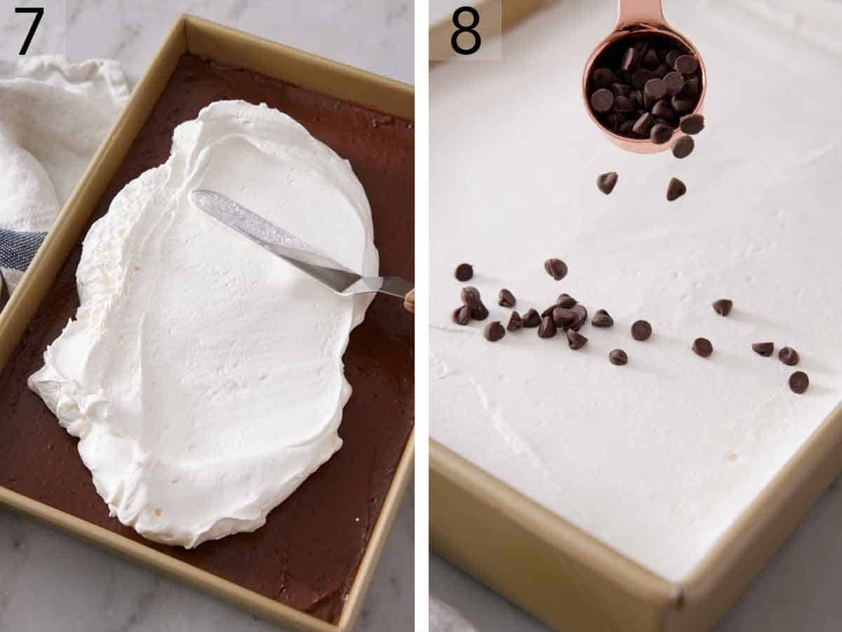 Set of two photos showing cool whip spread on top and mini chocolate chips sprinkled over the cool whip.