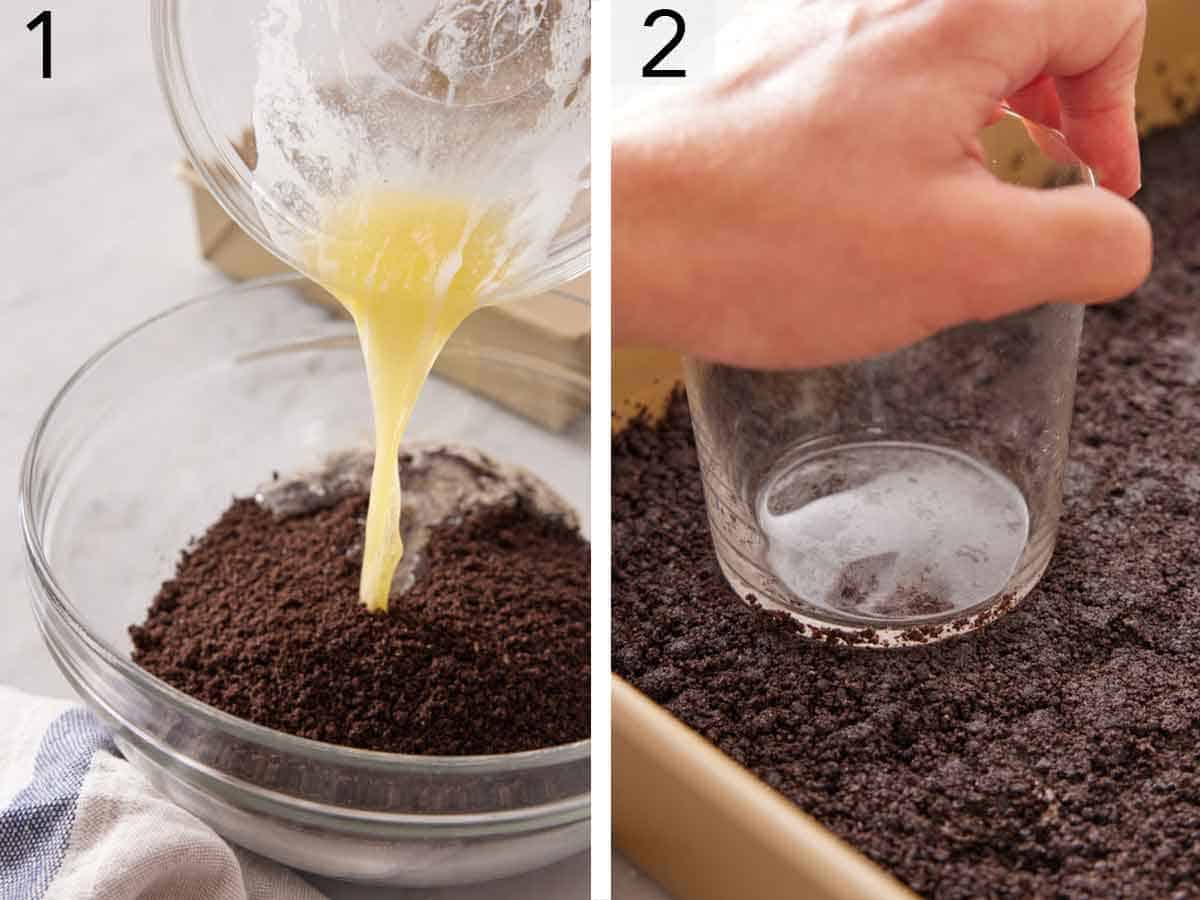 Set of two photos showing melted butter poured into crumbled Oreo cookies then pressed into a pan with a glass cup.