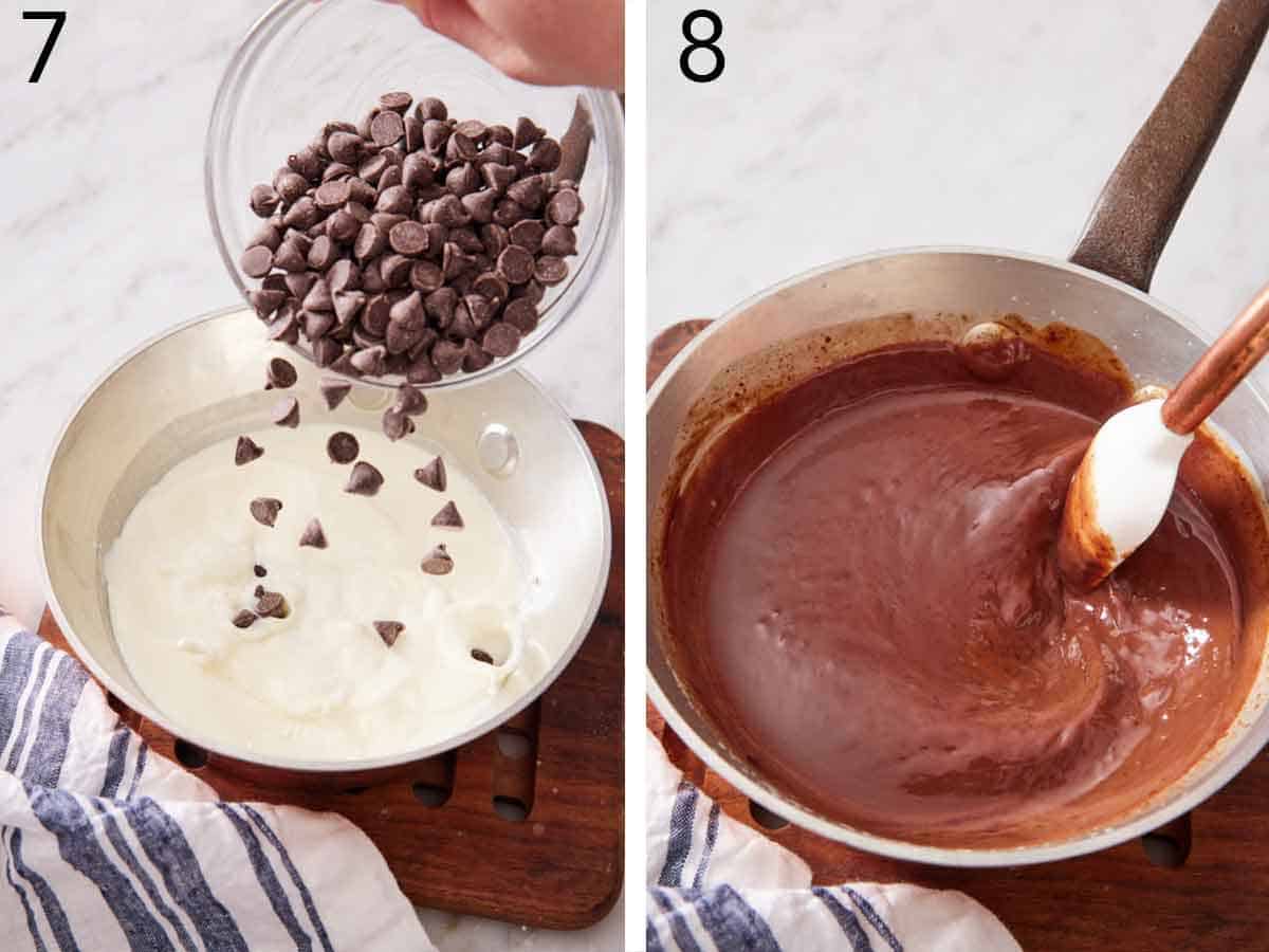 Set of two photos showing chocolate chips added to a pot of heavy cream and stirred.