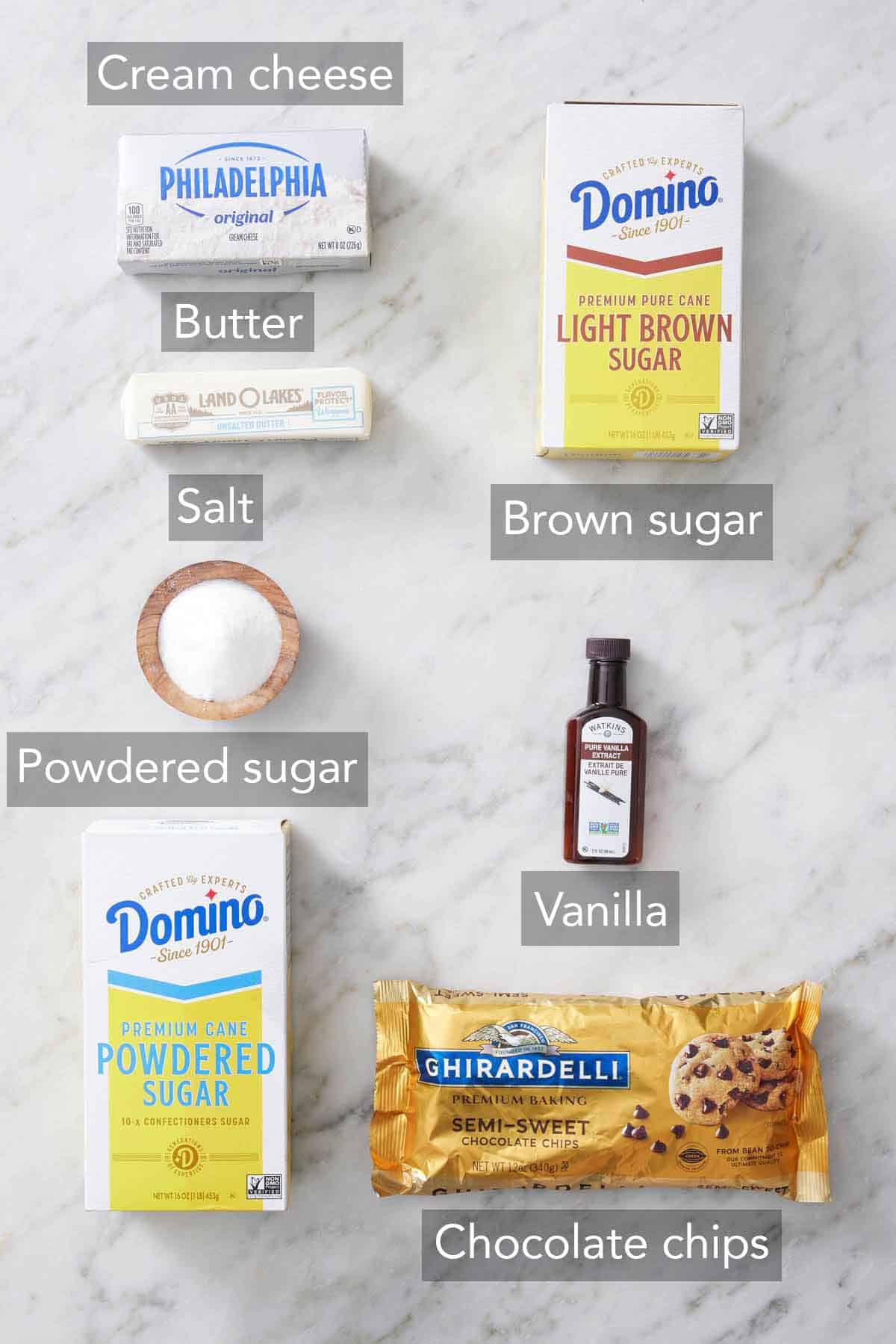Ingredients needed to make cookie dough dip.