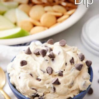 Pinterest graphic of a bowl of cookie dough dip with crackers, pretzels, and apples in the background.