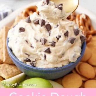 Pinterest graphic of a spoon lifting up some cookie dough dip from a bowl surrounded by pretzels and apples.