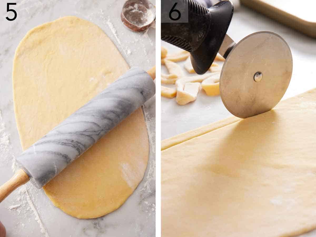 Set of two photos showing dough rolled out and cut into long strands.