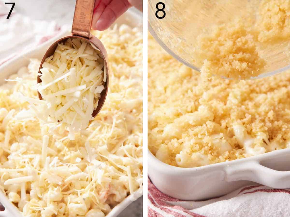 Set of two photos showing shredded cheese added to the top of the pasta and then topped with breadcrumbs.