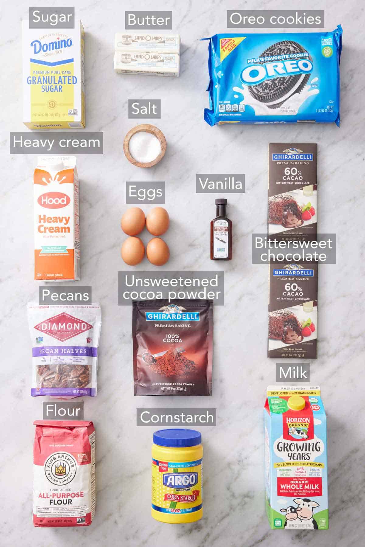 Ingredients needed to make mud pie.