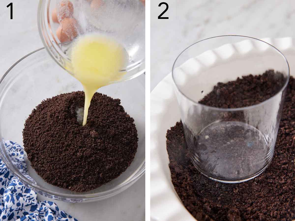 Set of two photos showing melted butter added to crushed Oreo cookies and pressed into a baking dish.