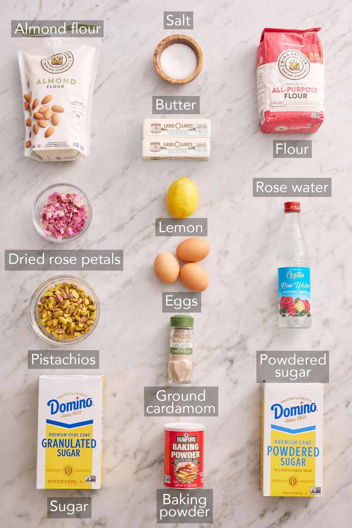 Ingredients needed to make a Persian love cake.