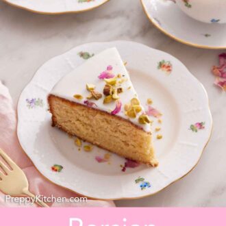Pinterest graphic of a plate with a slice of Persian love cake with cup of tea in the background.