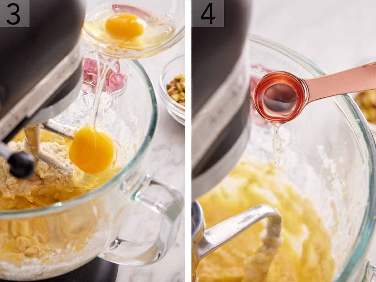 Set of two photos showing eggs and rose water added to a mixer.