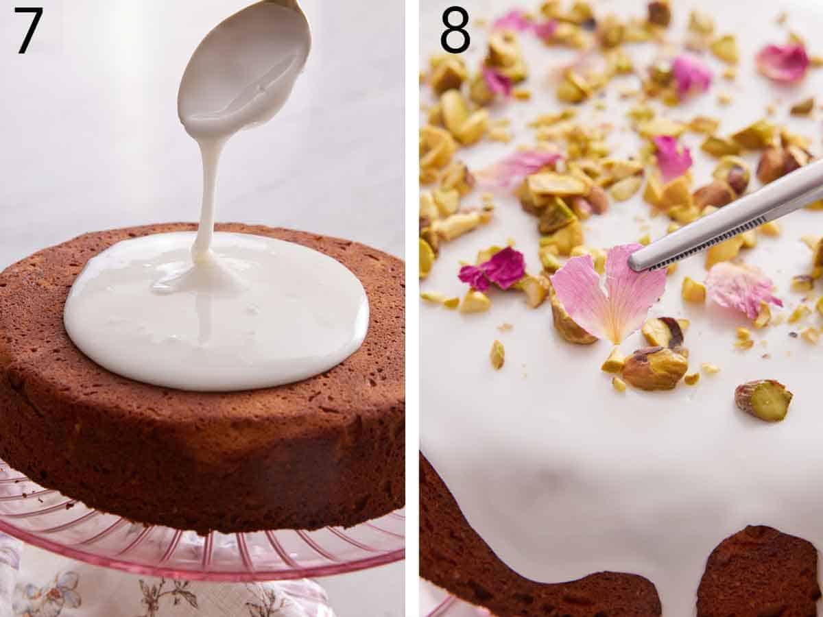 Set of two photos showing glaze poured on top of a cake and rose petals placed on top with tweezers.