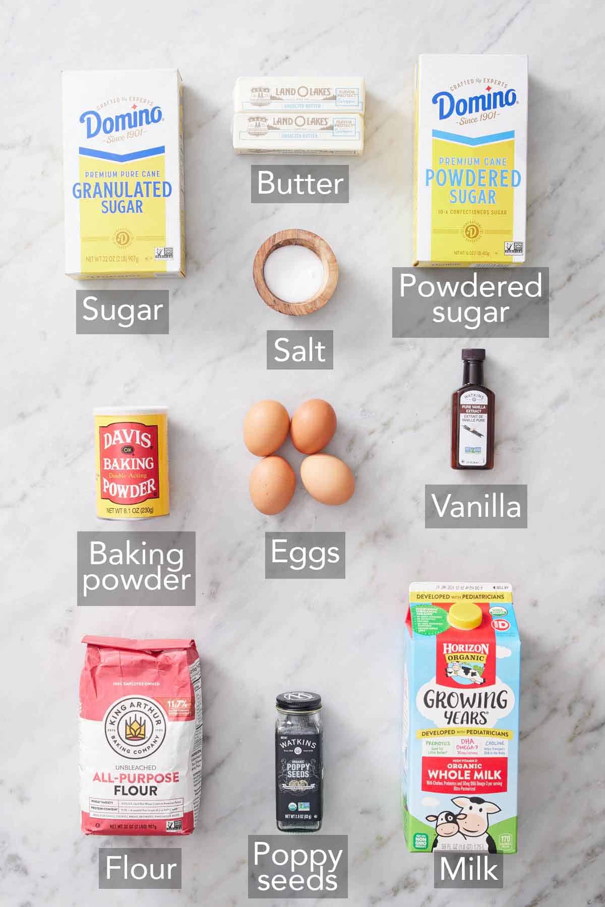 Ingredients needed to make poppy seed cake.