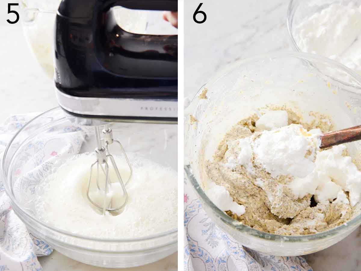 Set of two photos showing egg whites whipped and folded into the batter.