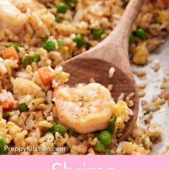 Pinterest graphic of a wooden spoon scooping shrimp fried rice.