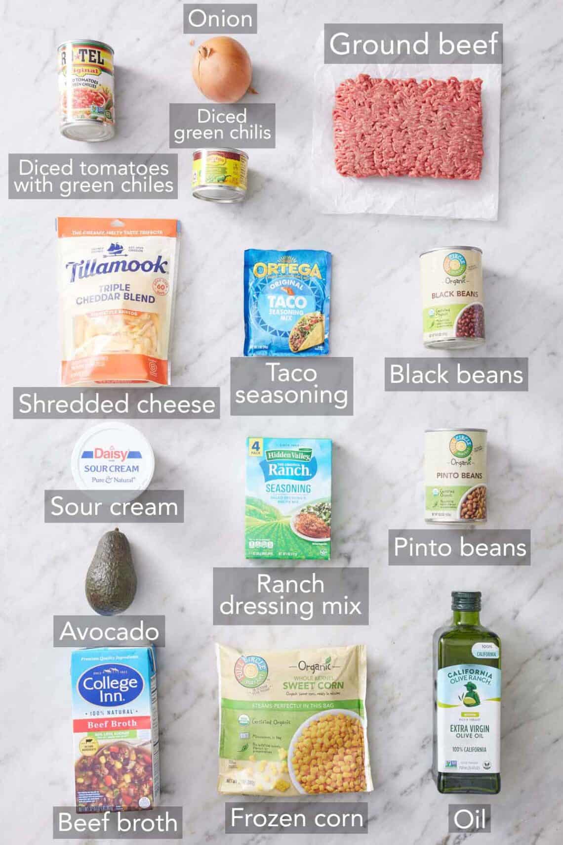 Ingredients needed to make taco soup.