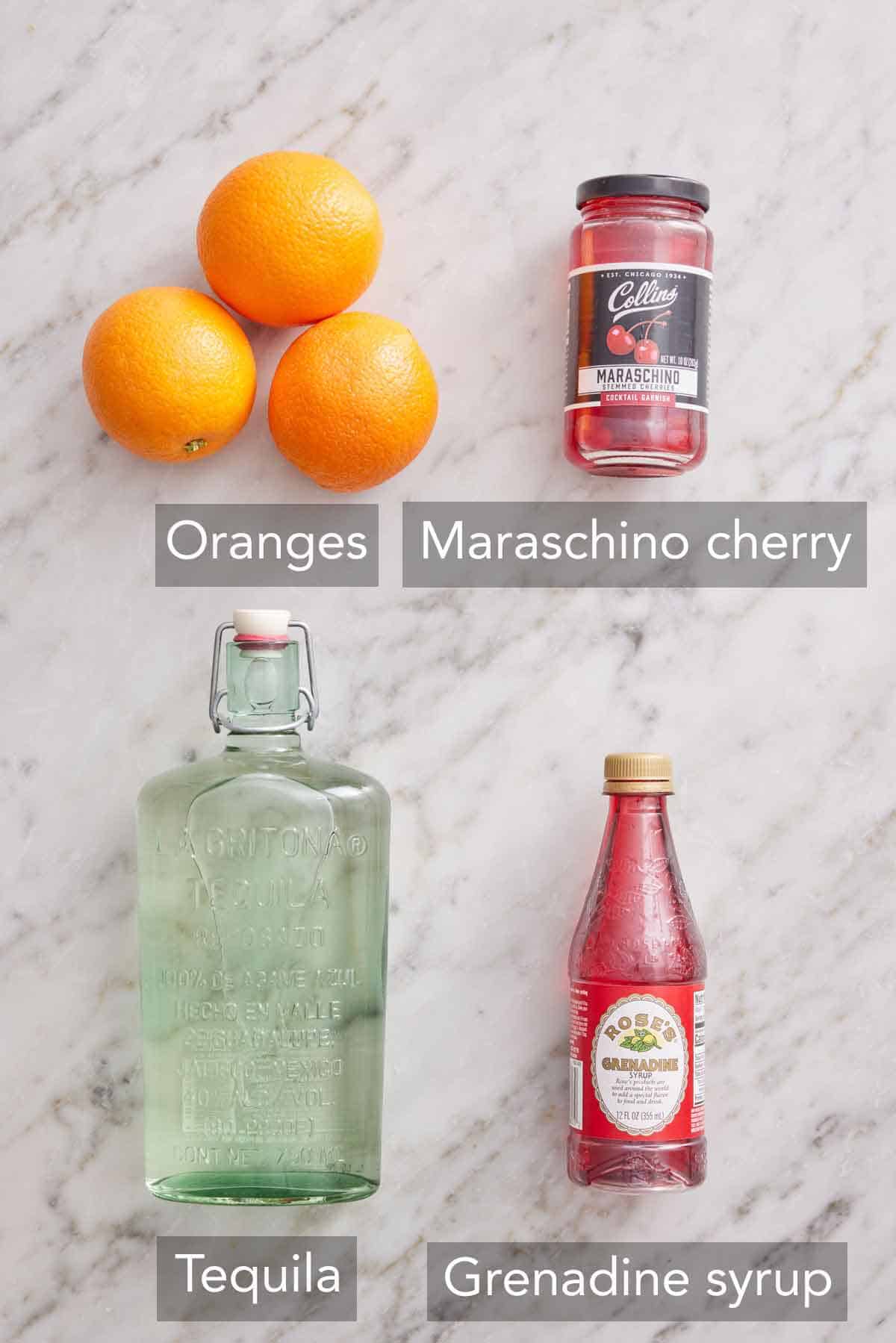 Ingredients needed to make tequila sunrise.