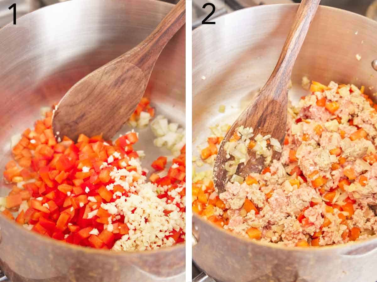 Set of two photos showing bell pepper and garlic cooked in a pot before ground turkey is added.