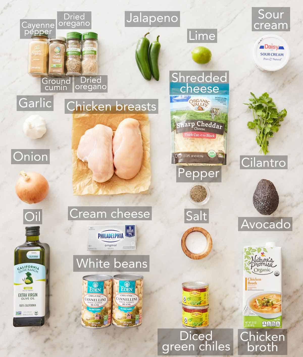 Ingredients needed to make white chicken chili.